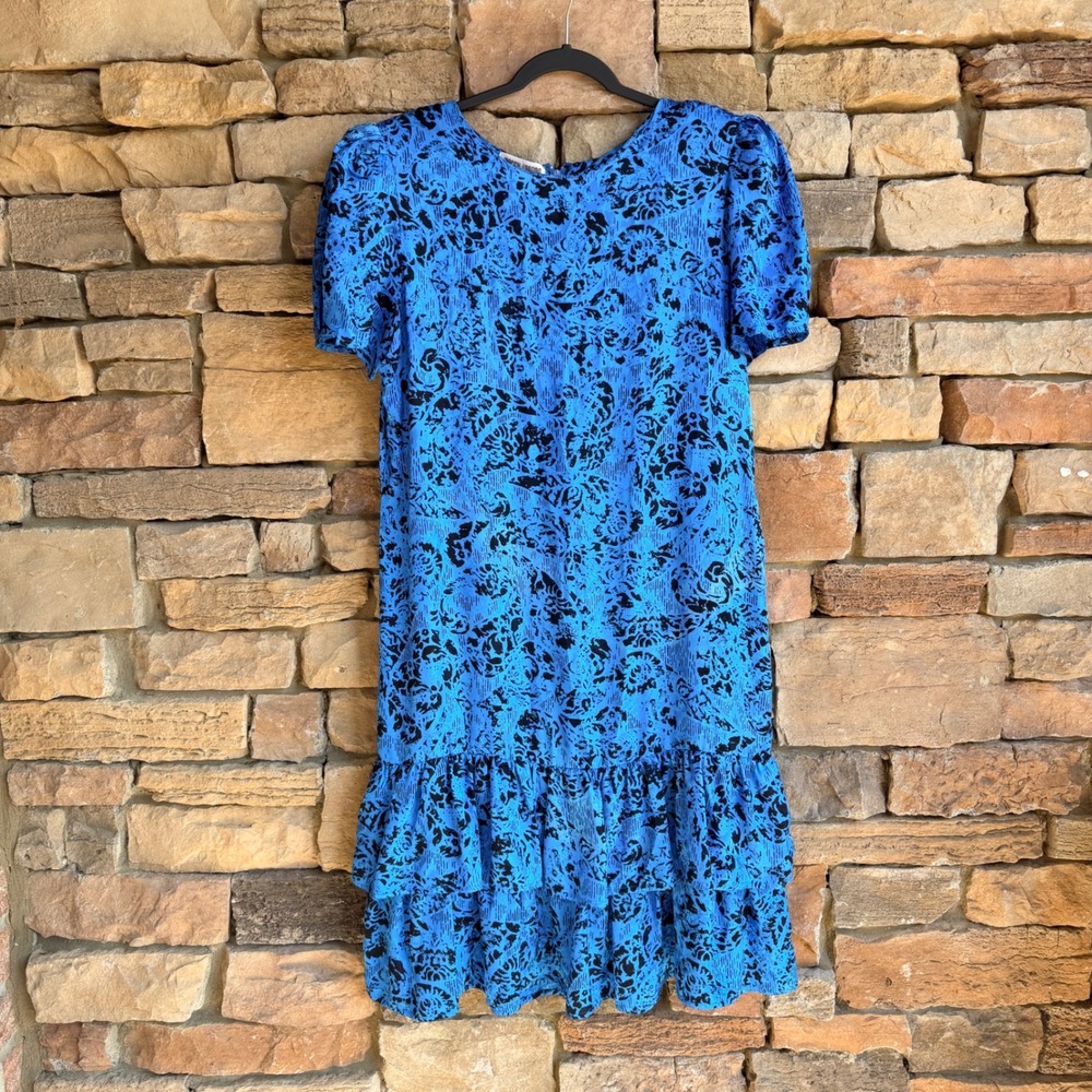 VTG Maggy London Jeannene Booher 14 Silk Floral Ruffled MIDI Dress Cottagecore